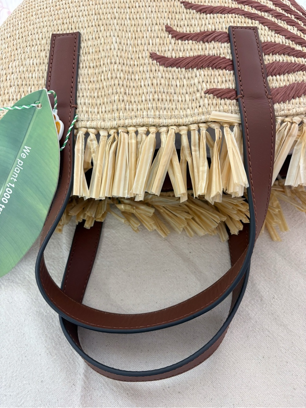 Farm Rio Small Fringed Leather Trimmed Raffia Tote Bag - Picture 8 of 9